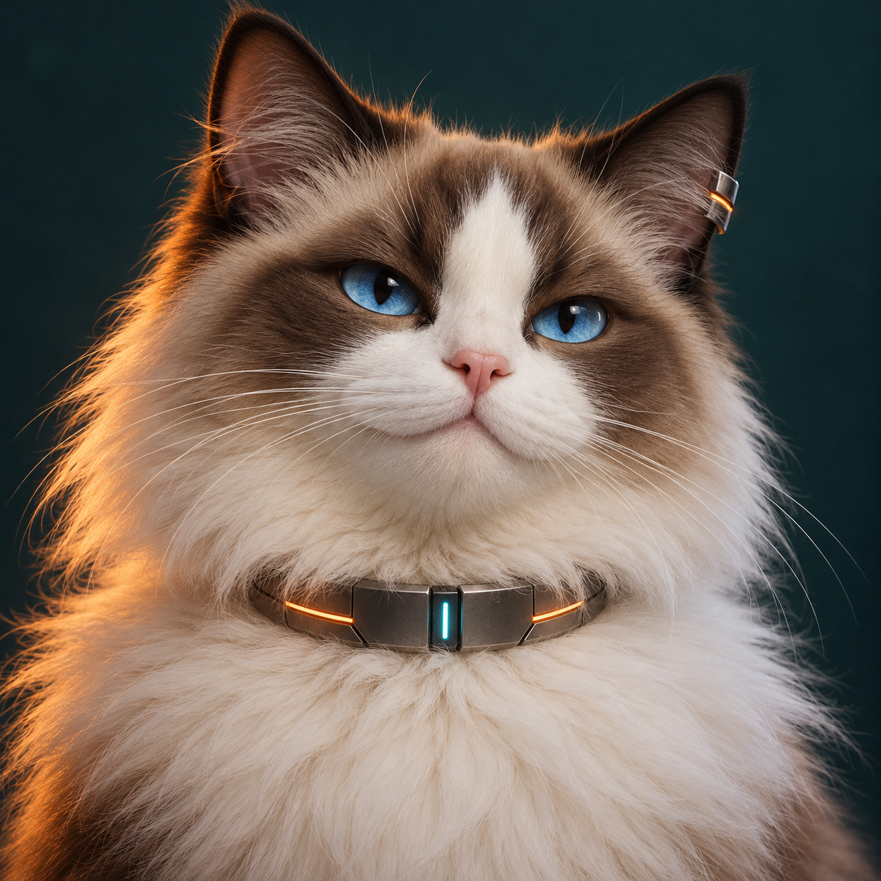 佩戴极简机械项圈的布偶猫